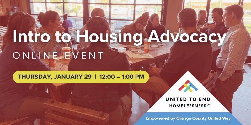 Intro to Housing Advocacy presented by United to End Homelessness. January 29, 2026 from 12:00–1:00 PM.