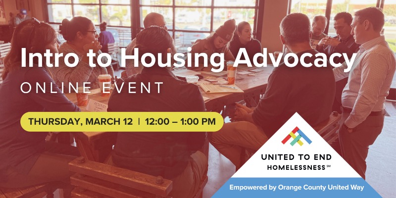 Intro to Housing Advocacy presented by United to End Homelessness. March 12, 2026 from 12:00–1:00 PM.